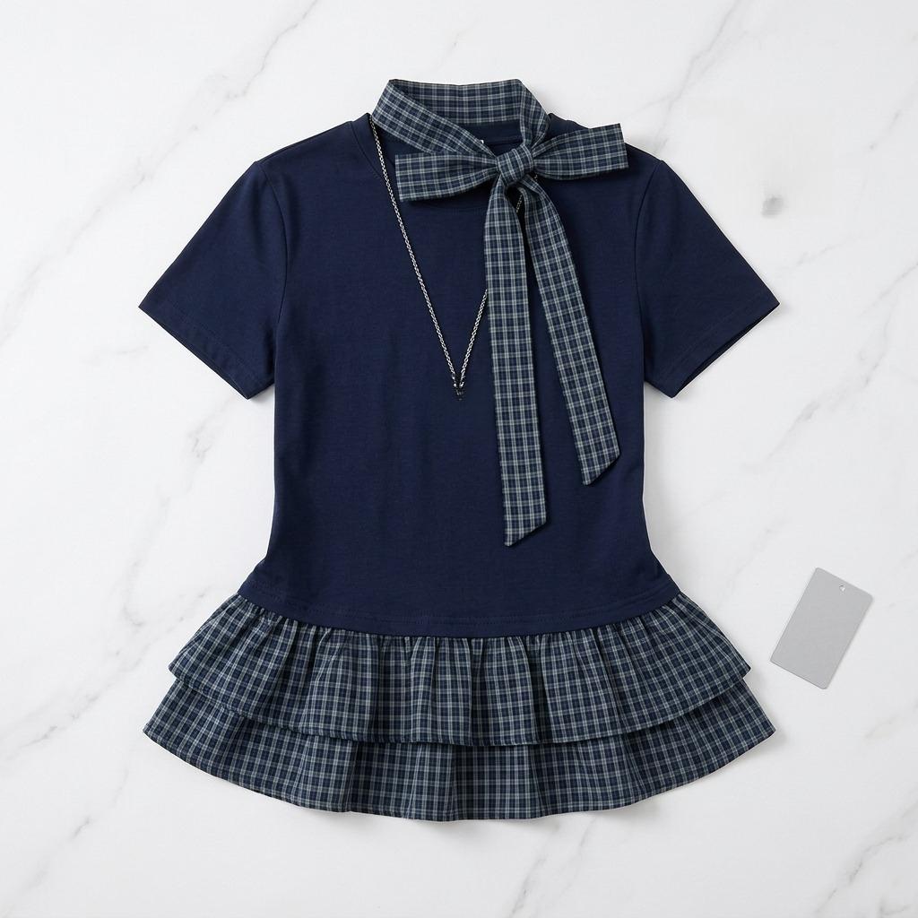 Fake Two-Piece Plaid Short-Sleeve T-Shirt With Lace Hem For Women New Spring/Summer Base Shirt With Ribbons