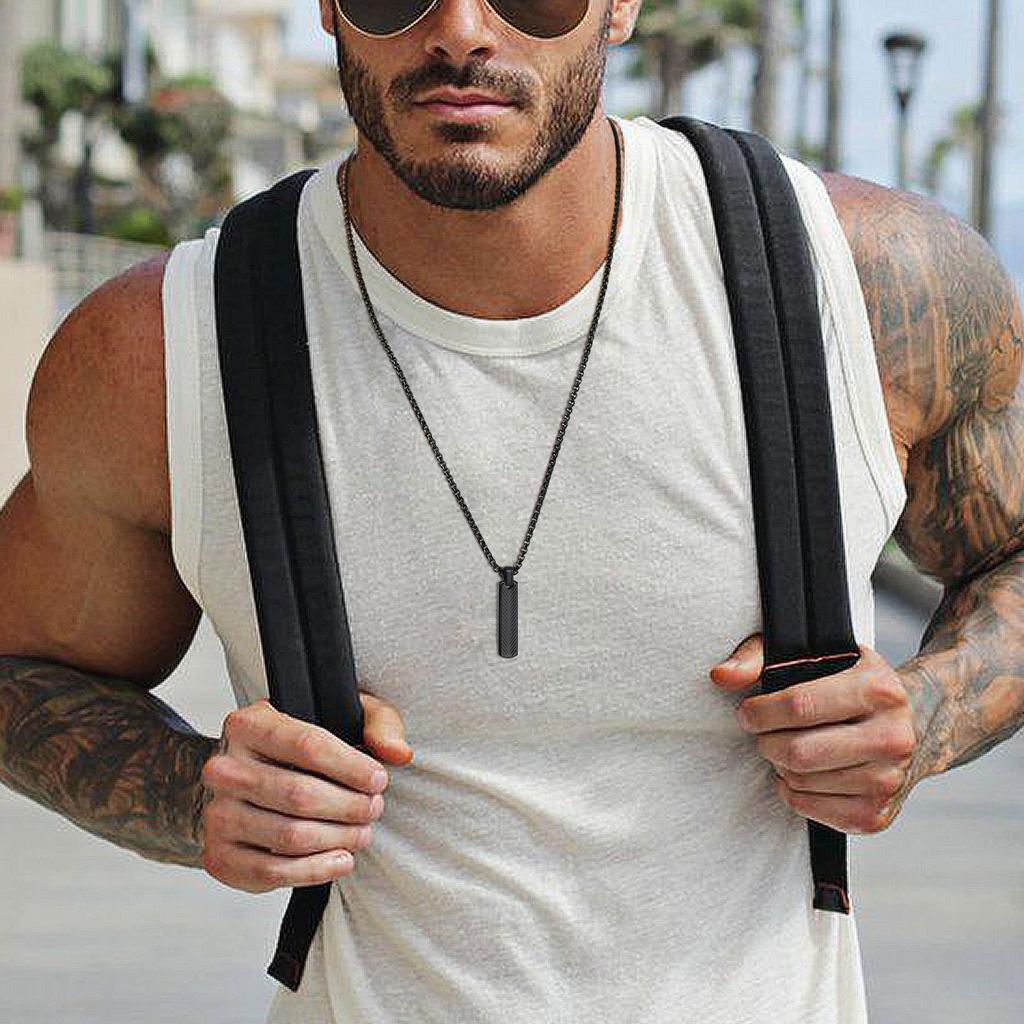 Vnox Stainless Steel Vertical Bar Pendant Necklaces for Men Boys, Black Silver Color Metal Collar, Simple Casual Jewelry Gift