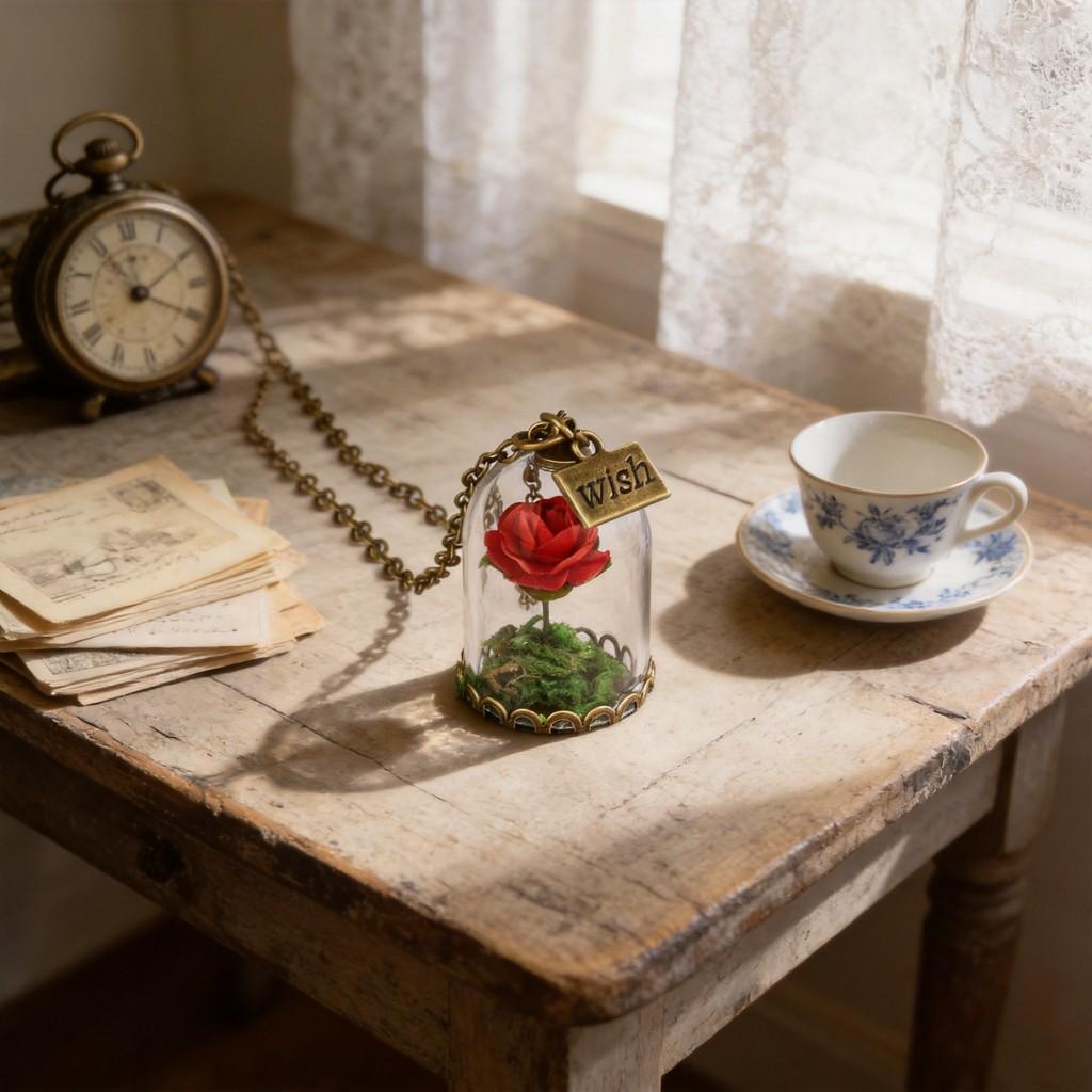Collana Vintage Fiore di Rosa con Ciondolo in Cristallo Fatto a Mano per Donna