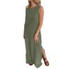 Women's Fashion Round Neck Sleeveless Colour Casual Resort Maxi Dress With Split Hem In Cotton,Linen Blend