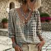 Womens Boho Style V Neck Printed Loose 3 4 Sleeve Casual Blouse Top