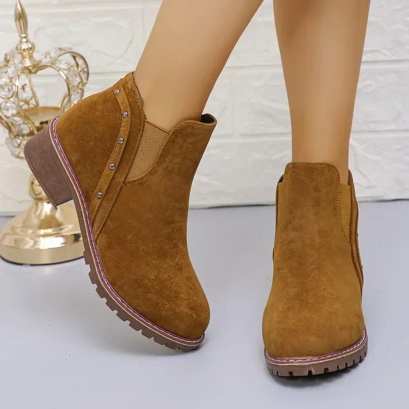fashion Ladies Shoes 2024 Fashion Slip on Women's Boots Autumn Round Toe Solid Flock Short Barrel Chunky Heels Large Size Roman Boots