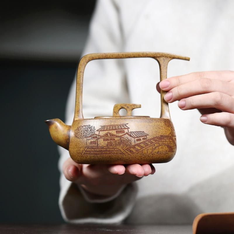 340ML Yixing purple clay teapot raw ore keel gold sand high-temperature wood burning handmade gold sand lifting beam teapot