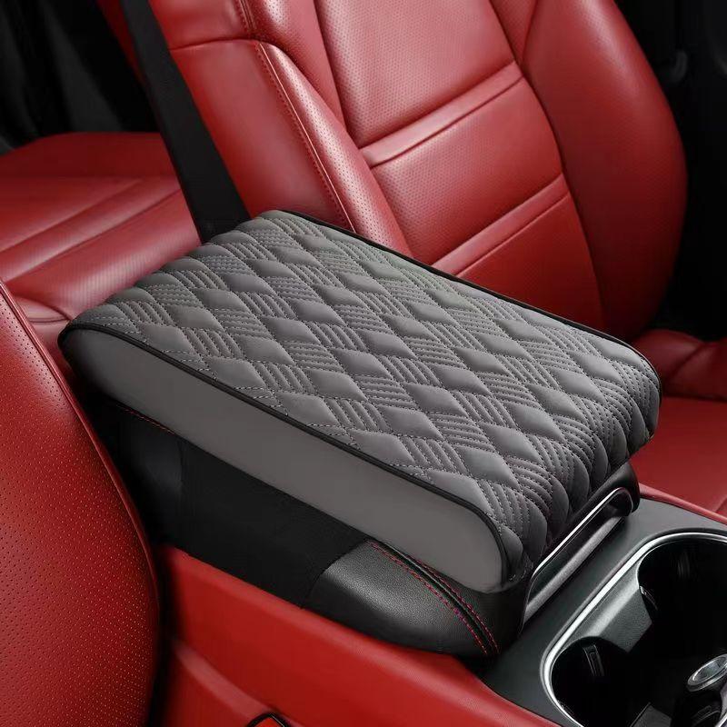 New Leather Memory Foam Car Armrest Mat Booster Console Universal Center Cushion Stripe Rhombus Embroider Armrest Seat Box