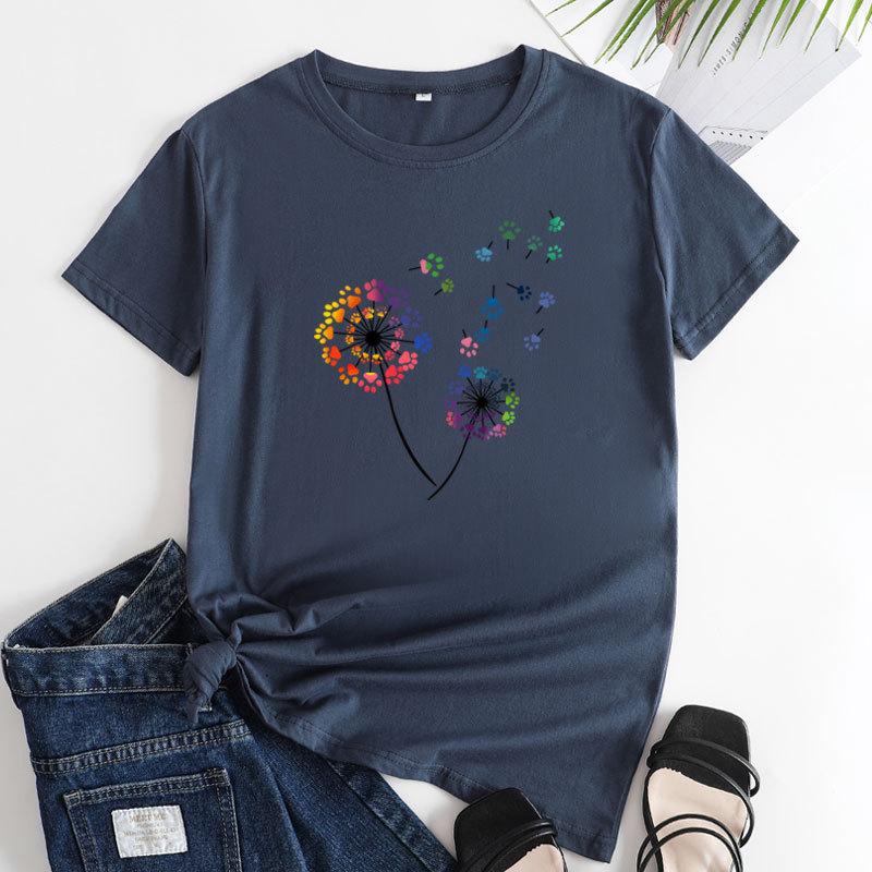 Summer Round Neck Colorful Dandelion Pattern Printed Top Fashionable Casual Short Sleeved Women's Pure Cotton T-shirts