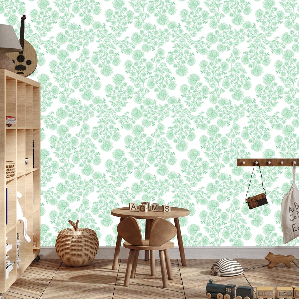Wallpaper Flowers white and mint, mint background for living room and bedroom 50x1000