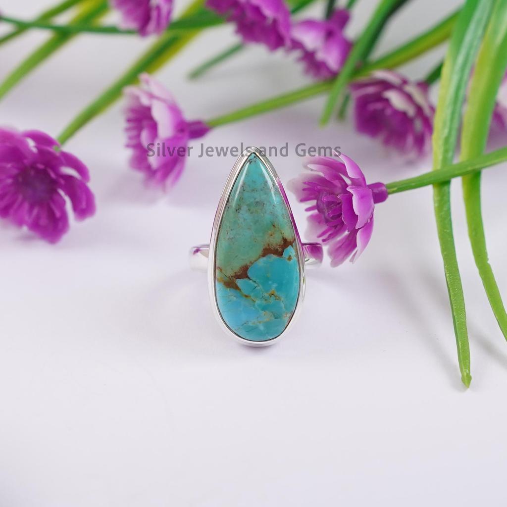 Long Turquoise Ring, Handmade 925 Sterling Silver Ring, Teardrop Turquoise Jewelry, December Birthstone Ring, Green Turquoise Ring