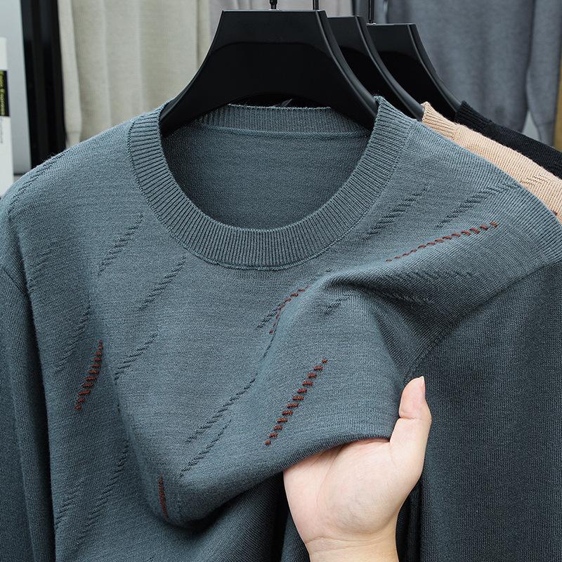 Men's Knit T Shirt Spring Autumn Long Sleeve Wool Top Fashion Casual Base Layer Trendy Jacquard Crew Neck Thin Sweater