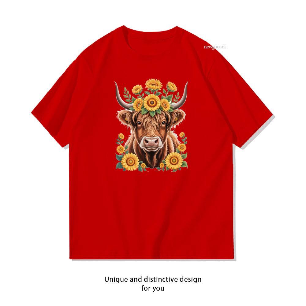Highland Cow with Sunflower Crown Farm Animal TShirt Women Unisex Casual Cotton Graphic T Shirts Classic Oneck Shirt S