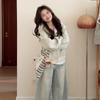 Early Korean Style Striped Hooded Sweatshirt Coat Women Short Fitted Top