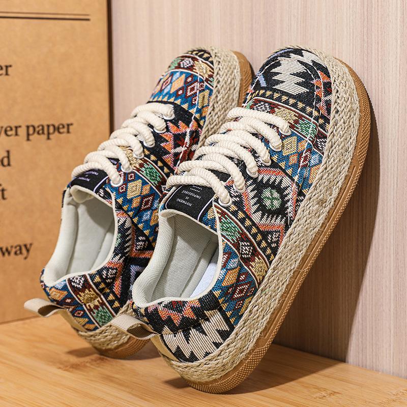 Wide Toe Ethnic Embroidered Casual Shoe For Men Chinese Style Linen Spring Sneaker Gentlmen Vintage Dress Flats Lace-up