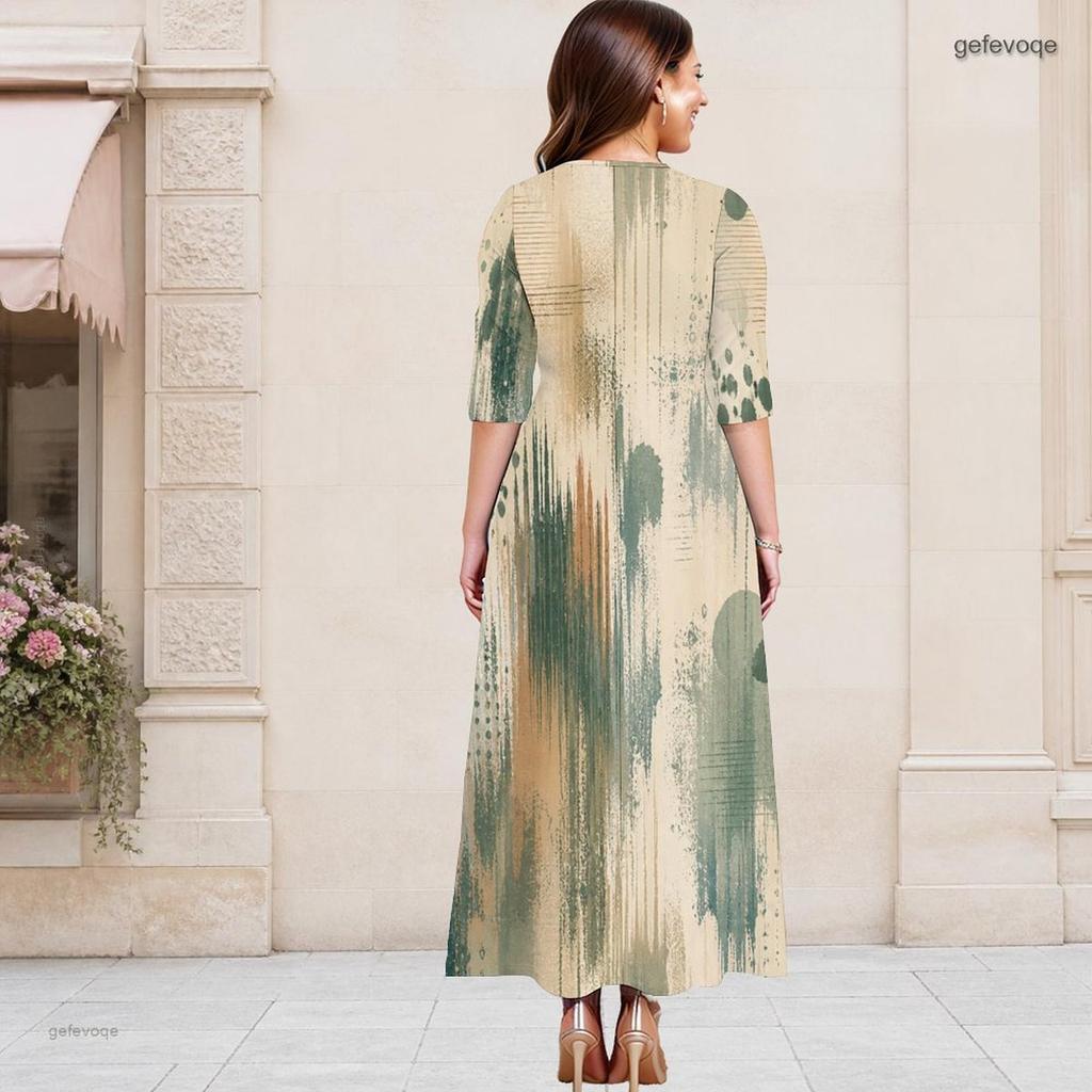 Women Plus Size Round Neck Keyhole 3 4 Sleeve Abstract Print Long Maxi Dress