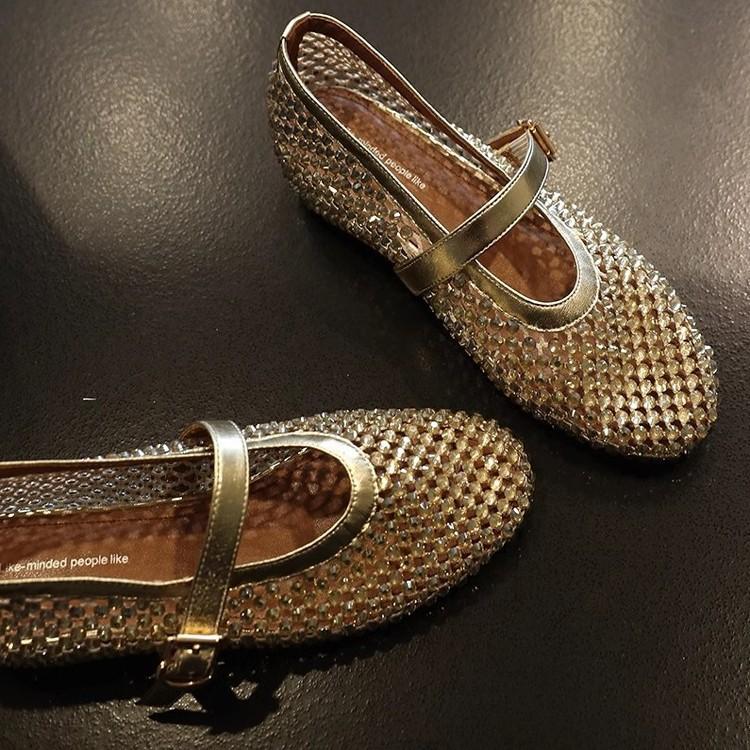 4cm Height Increase Mary Jane Mesh Shoes Ballet Shoes 2025 New Full Diamond French Beautiful Flat Shoes Women's Shoes