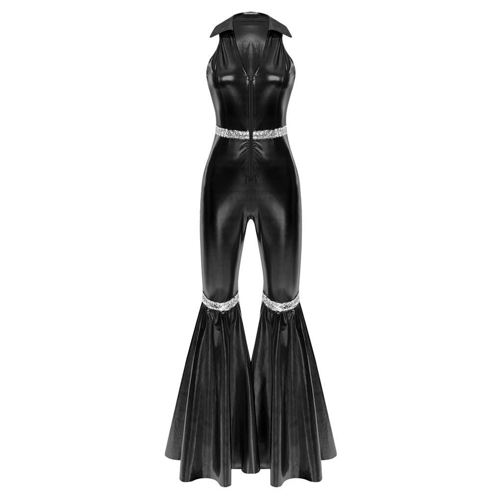 Dámský Retro Disco Kombinéza Límec V výstřih Bez rukávů Design s flitry Zvonové Kalhoty Přední zip Kombinéza