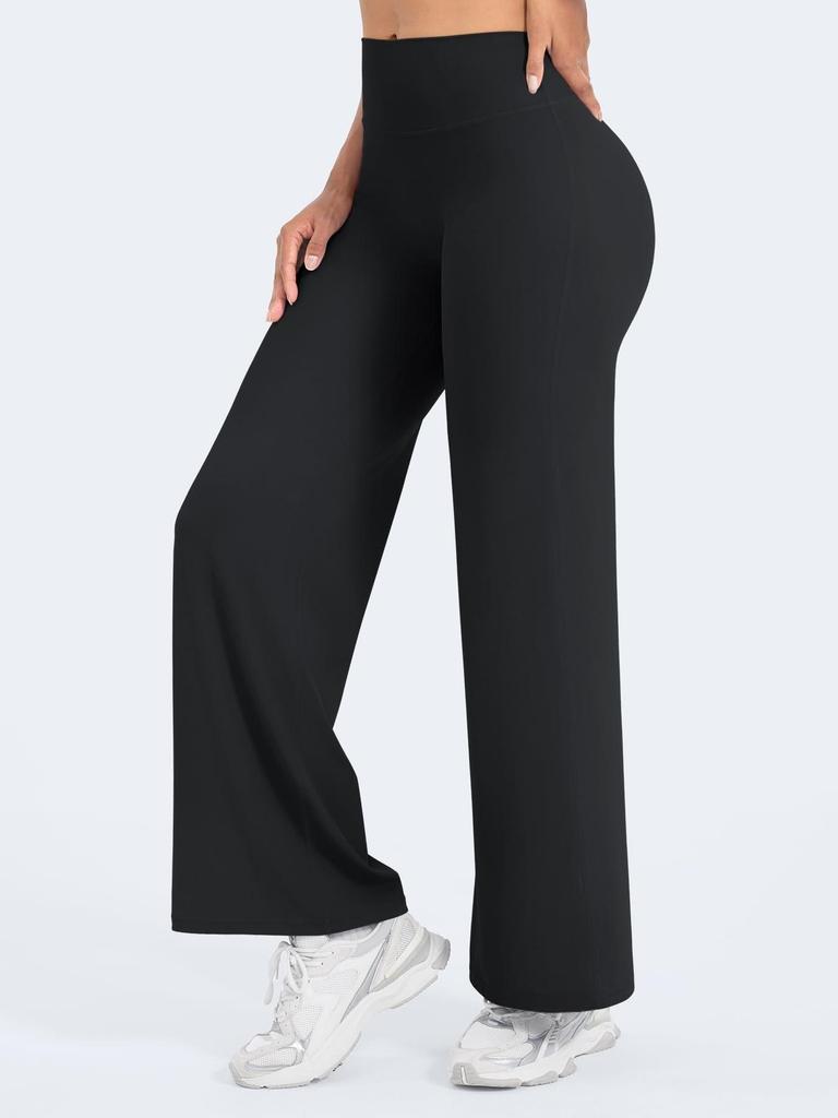 Pantaloni da Yoga a Gamba Larga Snellenti in Nylon Taglie Forti con Vita Incrociata e Sollevamento Glutei