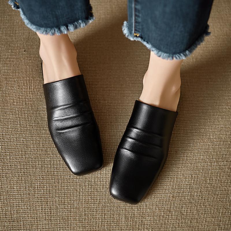 Fashion 2025 New Sandals Women's Genuine Leather Square Toe Slip-on Flats Summer Slippers Soft Comfortable Casual Female Outdoor Mules