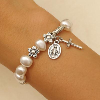 Retro Mode Jungfrau Maria Imitationsperlen Perlen Blume Armband für Frauen