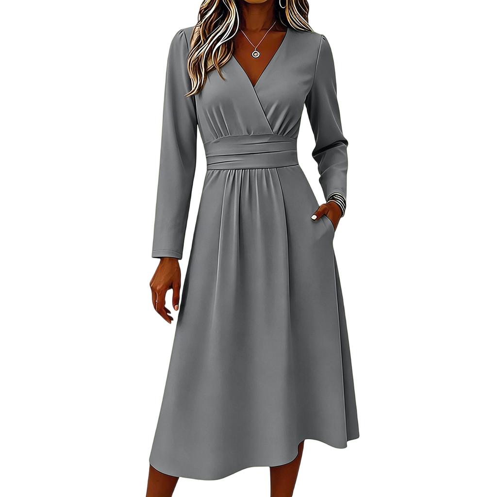 Women's Casual V Neck Midi Dress Long Sleeve Wrap Style Waistband Relaxed Fit Soft Fabric Comfortable Daily Wear