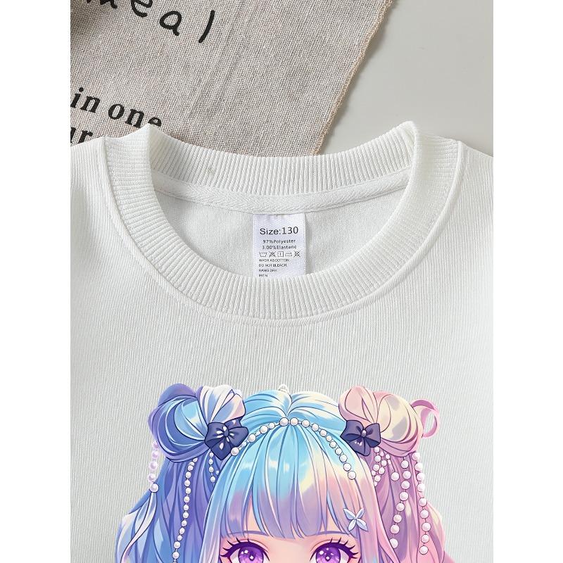 Kids Sweatshirt ,Crew Neck Fashion Top, Fun "Anime Girl Bubble Tea" Patterned Sweatshirt, for Everyday Casual Wear, for All Kinds of Daily Outfits