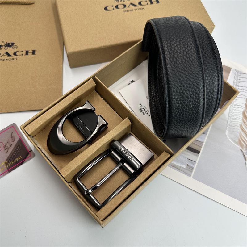 Men's Classic Double Buckle Leather Belt with C Buckle and Fabric Texture - Business Casual Trousers Accessory