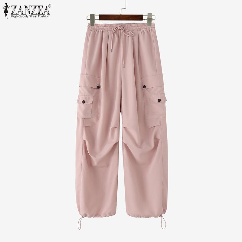 ZANZEA Women Elastic Waist Loose Casual Long Cargo Pants