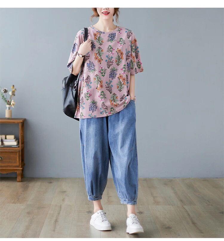 Floral Short-sleeved T-shirt Women's Plus Size Women's Spring and Summer Bottoming Shirt Casual Literary Blouse Loose and Thin