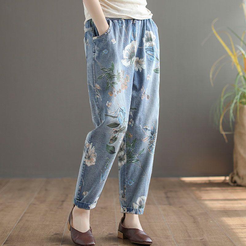 Retro Printed Light Blue Cropped Jeans for Women In Plus Size, Elastic High Waisted, Loose Straight Leg Pants