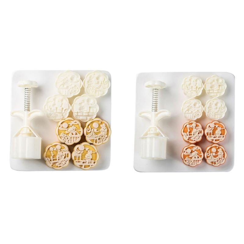 Plastic Moon Cake Molds Set 4 Stamps 3D Rabbit Pattern Cookie Stamps Pastry Hand Press Tool for Baking Enthusiasts