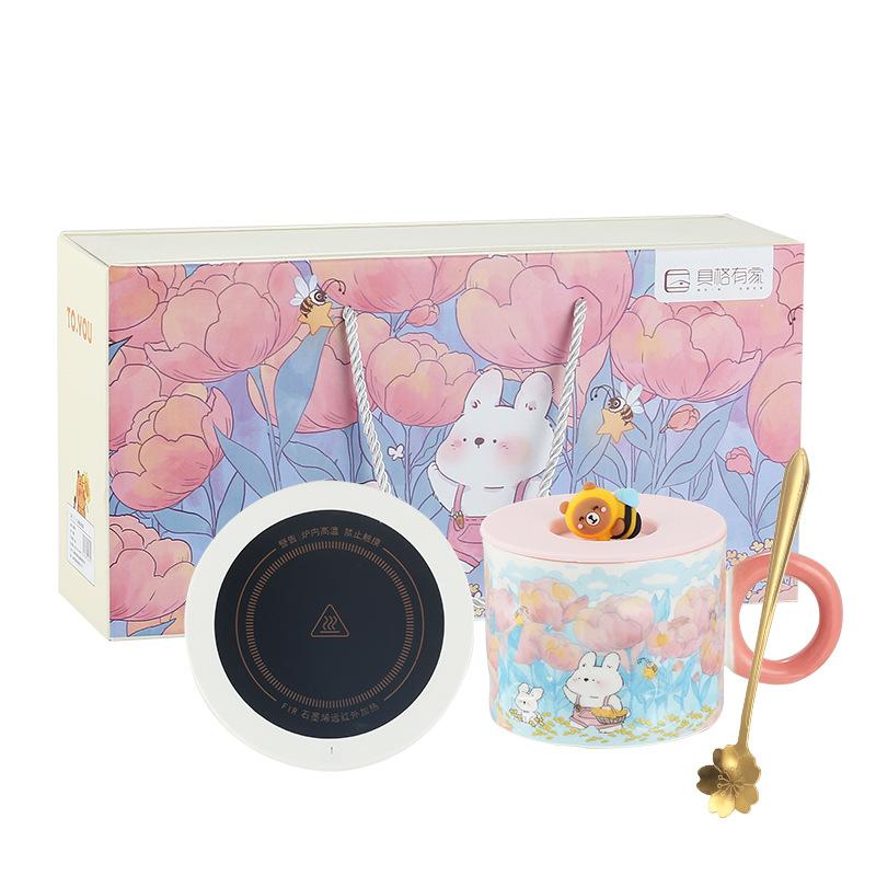 Cartoon Ceramic Constant Temperature Cup Souvenir Gift Set Warm Cup Smart Heating Coaster Creative Gift