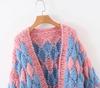 European Color Block Wave Pattern Chunky Knit Lantern Sleeve Cardigan for Autumn/Winter Women.