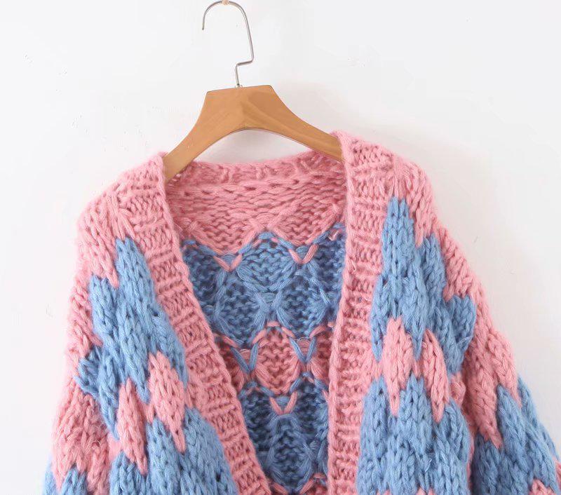 European Color Block Wave Pattern Chunky Knit Lantern Sleeve Cardigan for Autumn/Winter Women.