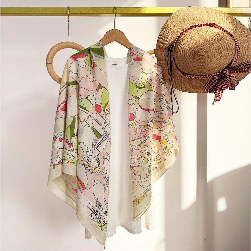 Silk Cotton Silk Scarf Shawl With Sunscreen 105Cm Scarf With Air-Conditioned Room Large Square Scarf Office