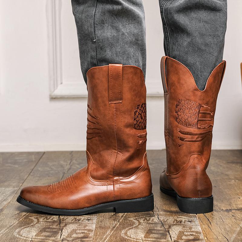 Men High Top Boots Pu Embroidered Low Heel Fashionable Western Men Cowboy Boots