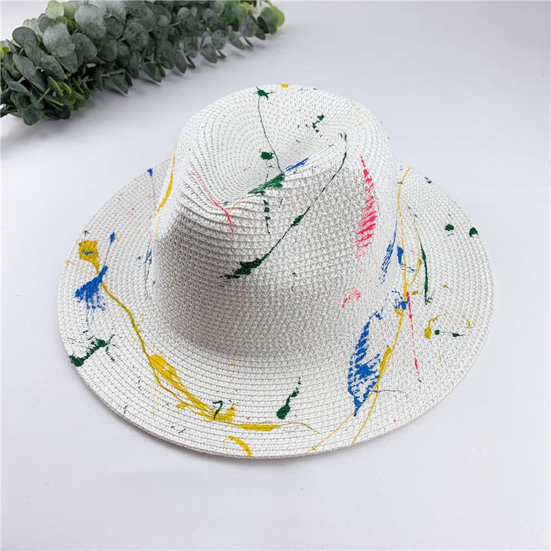 Handmade Graffiti Design Straw Hat Women'S Summer Fresh Grass Weaving Sun Shade And Sunscreen Hat Panama Jazz Sun Hat