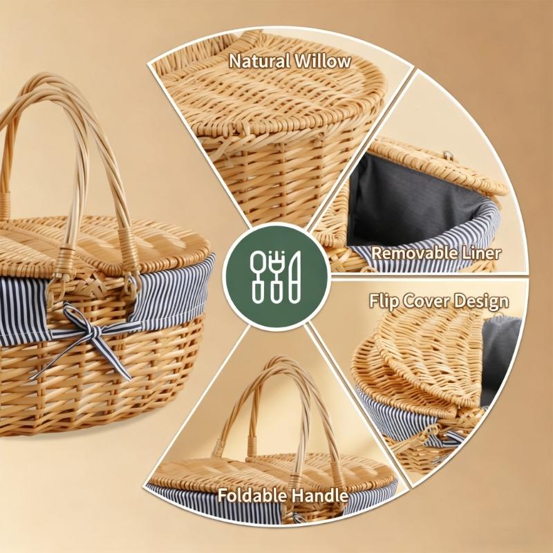 Handwoven Wicker Basket Suitable for Kids Picnics Decorating and Storage with Washable Liner Double Lid Dust Proof