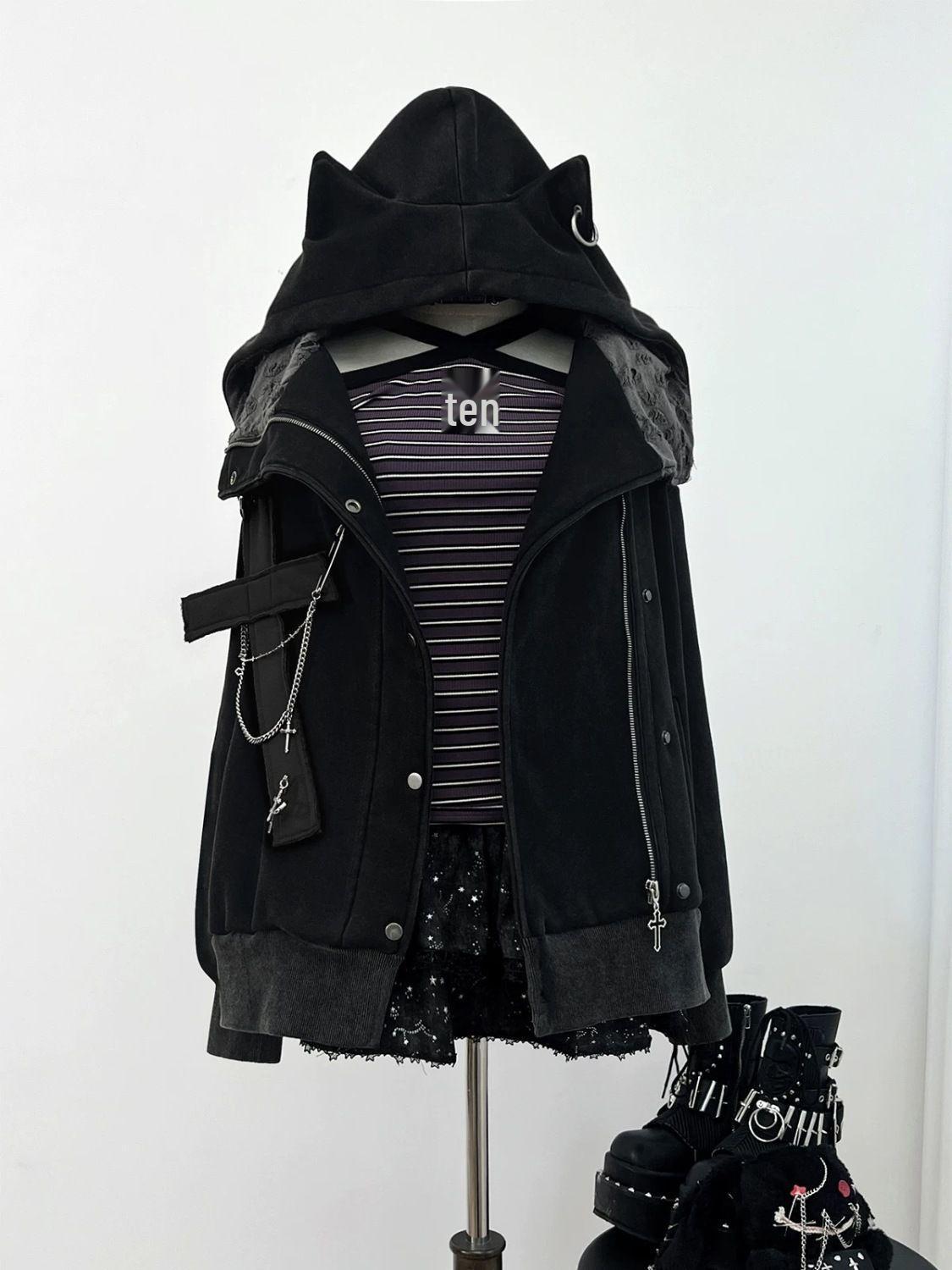 

Худи из флиса Y2K в панк-дарк стиле с цепочкой, кошачьими ушками и крестом L