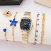 Conjunto de Relógio de Pulso Feminino Azul Dourado com Diamantes Quartzo Elemento Flor Estrela Pulseira Pulseira Entrada Luxo Presente de Aniversário Caixa de Presente Exquisita