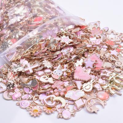 50 piezas/lote Accesorios para niña con efecto de goteo de aceite rosa Estilo mixto aleatorio Colgante de animal Corazón Flor Luna Suministros para hacer joyas DIY