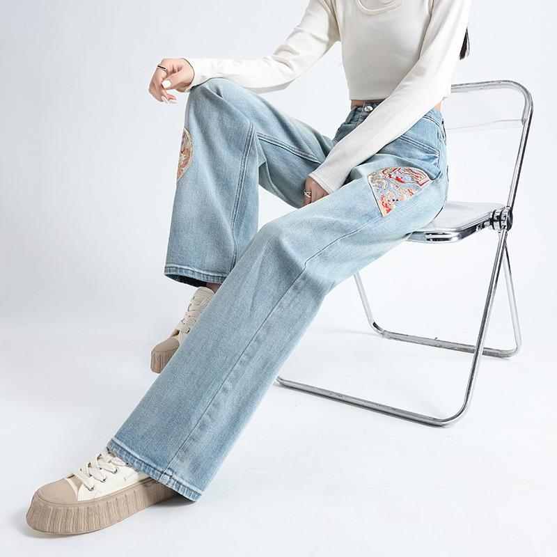 2025 Spring/Autumn Women's High-Waisted Embroidered Wide-Leg Denim Pants
