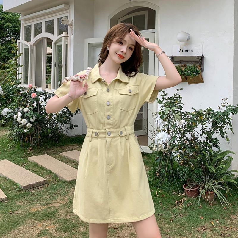 Real Shot: Summer Hong Kong-Style Korean Short-Sleeve Denim Dress - Fashionable Waist-Slimming Design for Women