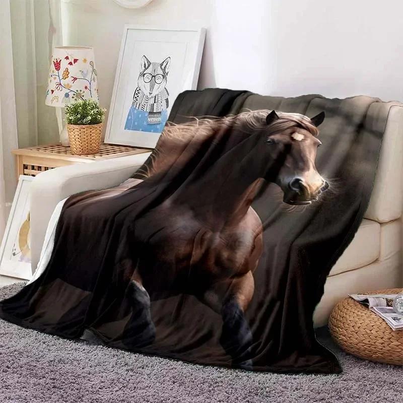 3D Cartoon Horse Print Flannel Throw Blanket – Soft Warm Picnic Blanket, Retro Home & Travel Birthday Gift, Cozy Comfort