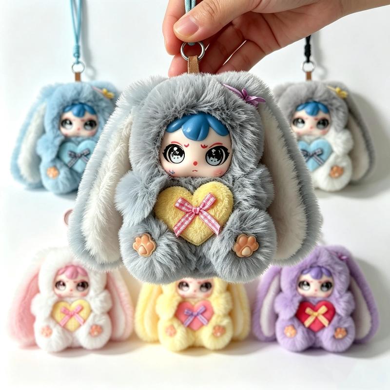 Cute Long Ear Bunny Plush Keychain Fluffy Sweet Rabbit Vinyl Doll Pendant Decor Backpack Hanging Charm Girls Kawaii Gift