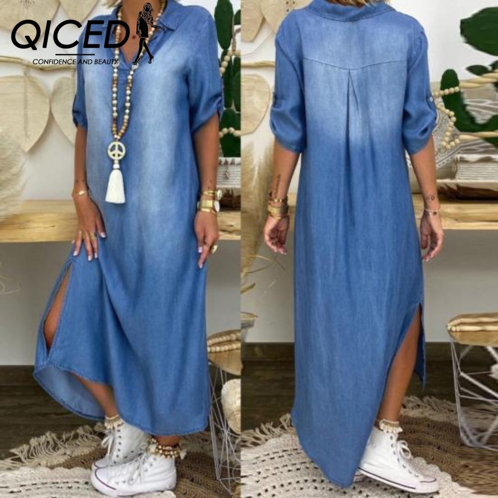 QICED Summer Denim Dress for Women Casual Spring Blue Maxi Dresses V Neck Half Sleeve Plus Size Long Dresses with Slit