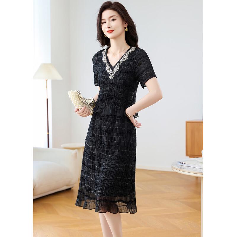 Elegant French Style Rhinestone V-Neck Dress