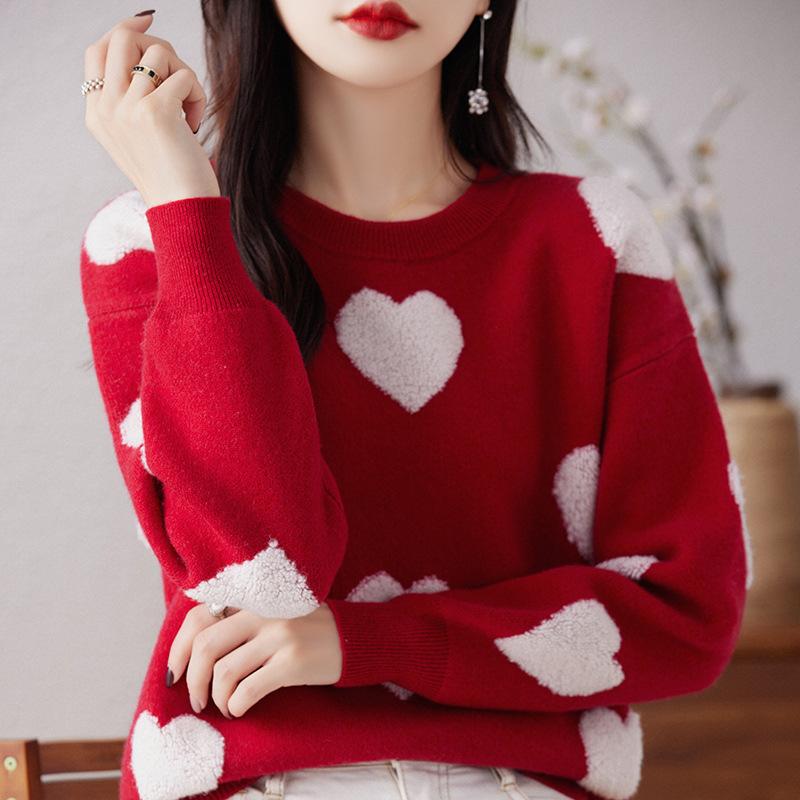 Round Neck Love Wool Sweater for Women In Autumn and Winter New Fashionable and Versatile Cashmere Base Shirt Skin-friendly and Warm Top