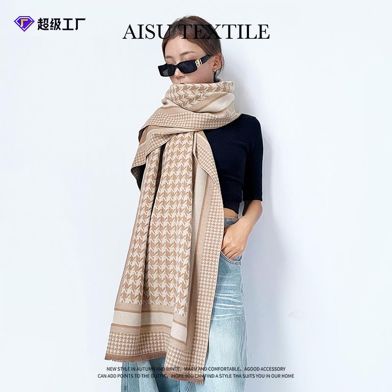 Autumn and winter warm scarf women's imitation cashmere double-sided thousand bird grid temperament versatile scarf long enlarged shawl