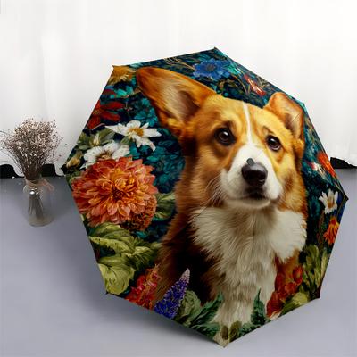 0106 Patrón de Perro Floral, paraguas de plegado automático, diseño portátil y plegable, 8 varillas, un regalo de Navidad o cumpleaños.