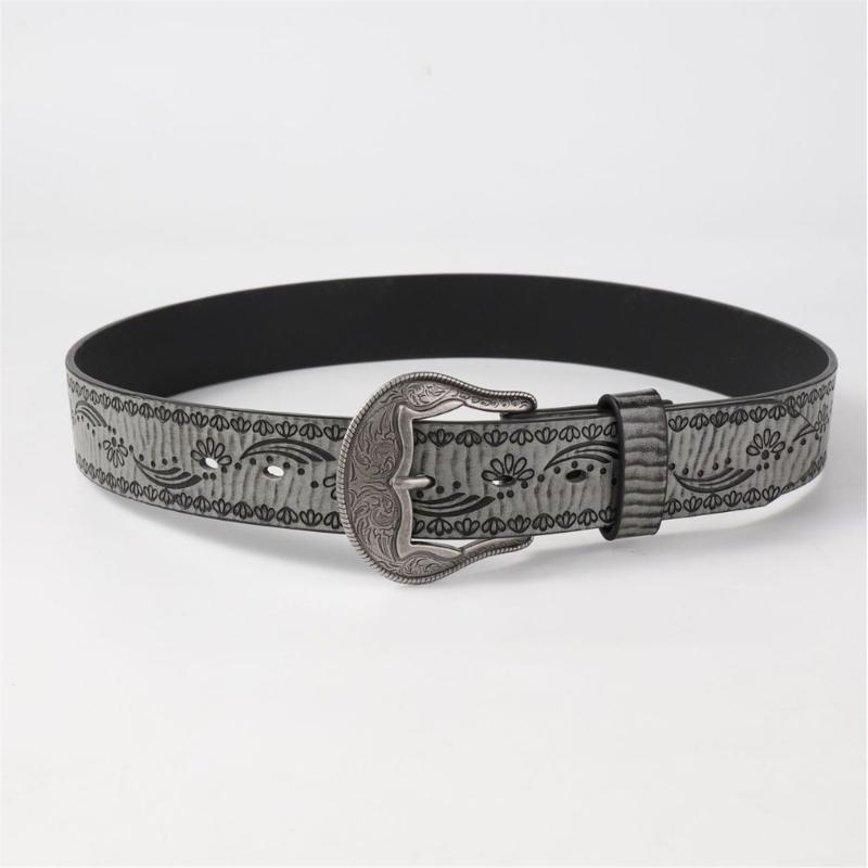 Shimmering PU Waist Belt with Carved Floral Buckle for Girls Jeans Skirt Decor