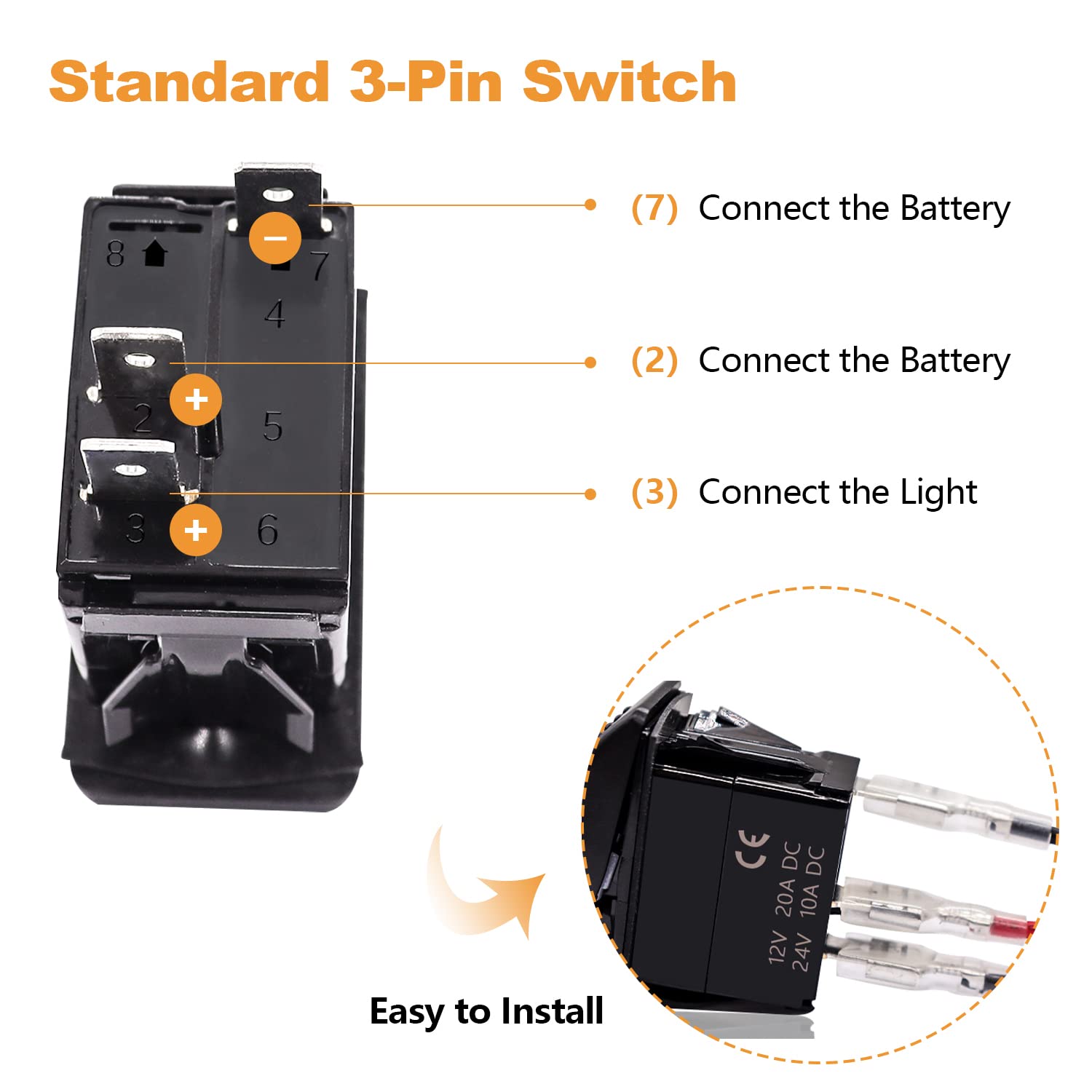 

mankk LED Light Bar Rocker Switch 3 Pin On/Off 20A/12V 10A/24V ATV UTV Light Bar Toggle Switch Laser Waterproof White Light with Connector Wire Set