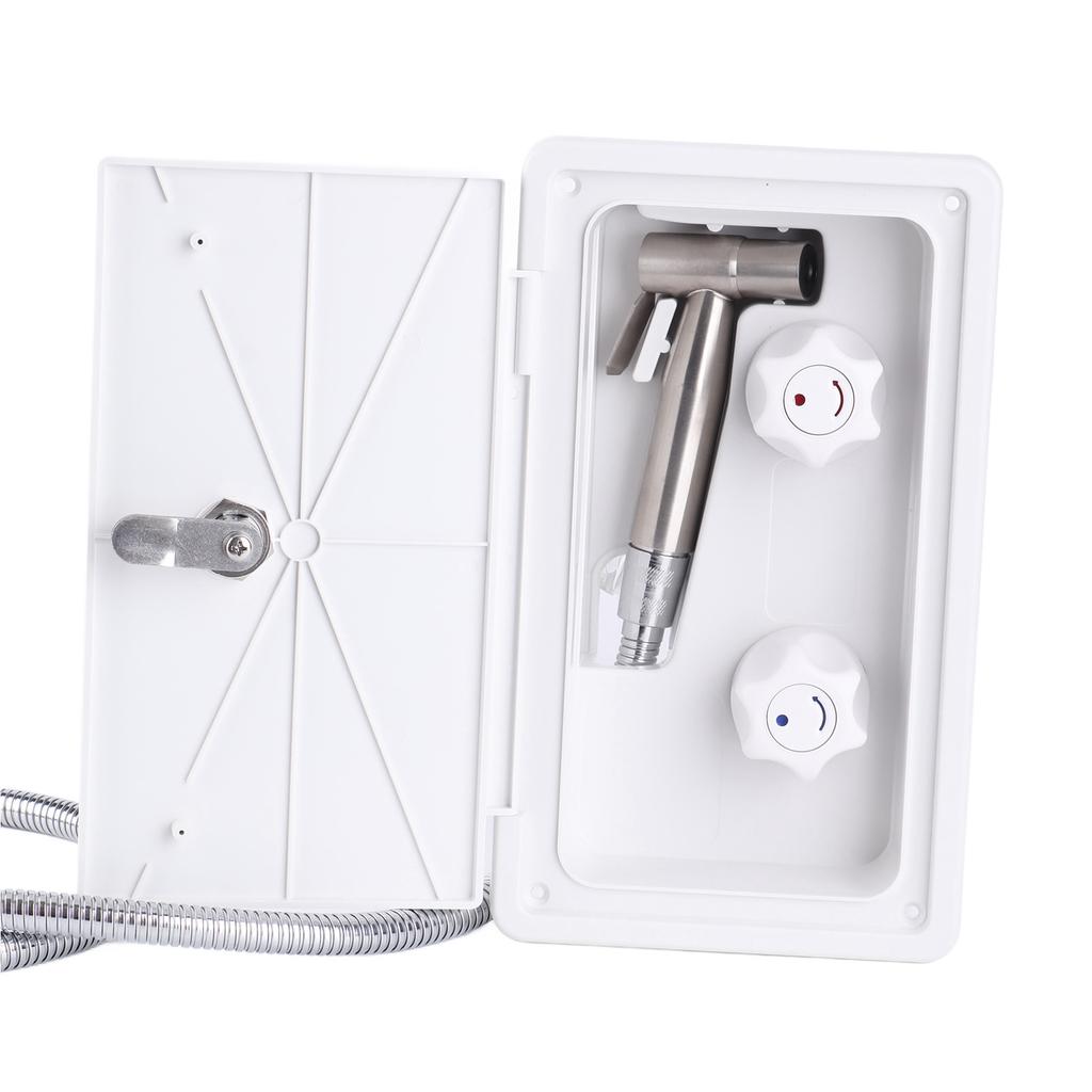 Wohnmobil Außen-Duschbox-Set Doppelventil Kalt Warm Doppelregler mit Metallschlauch Duschkopf Schloss Schlüssel